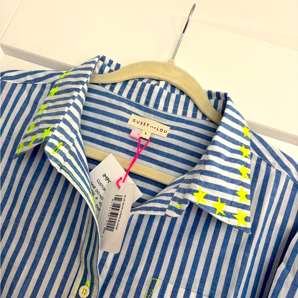 NWT Gussy and Lou - Blue Striped Kids Shirt with Neon Accents